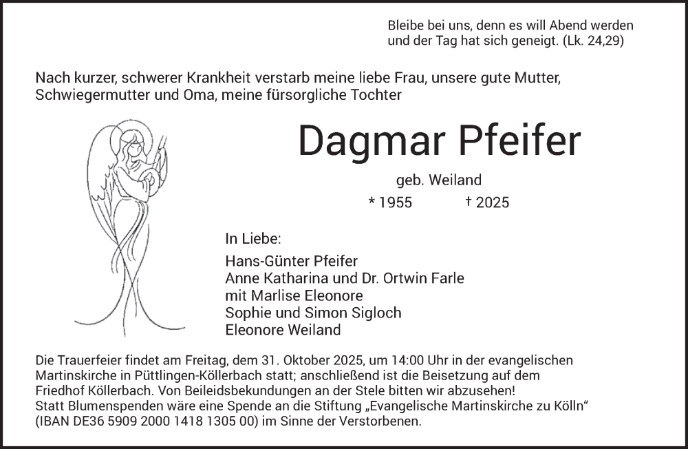  Traueranzeige für Dagmar Pfeifer vom 25.10.2025 aus saarbruecker_zeitung