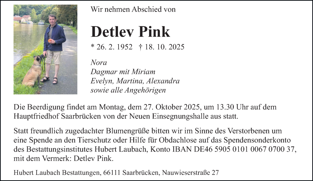  Traueranzeige für Detlev Pink vom 25.10.2025 aus saarbruecker_zeitung