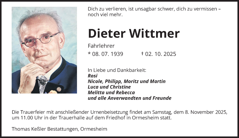  Traueranzeige für Dieter Wittmer vom 25.10.2025 aus saarbruecker_zeitung