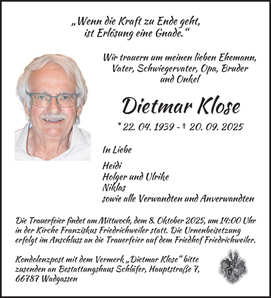 Traueranzeige von Dietmar Klose von saarbruecker_zeitung