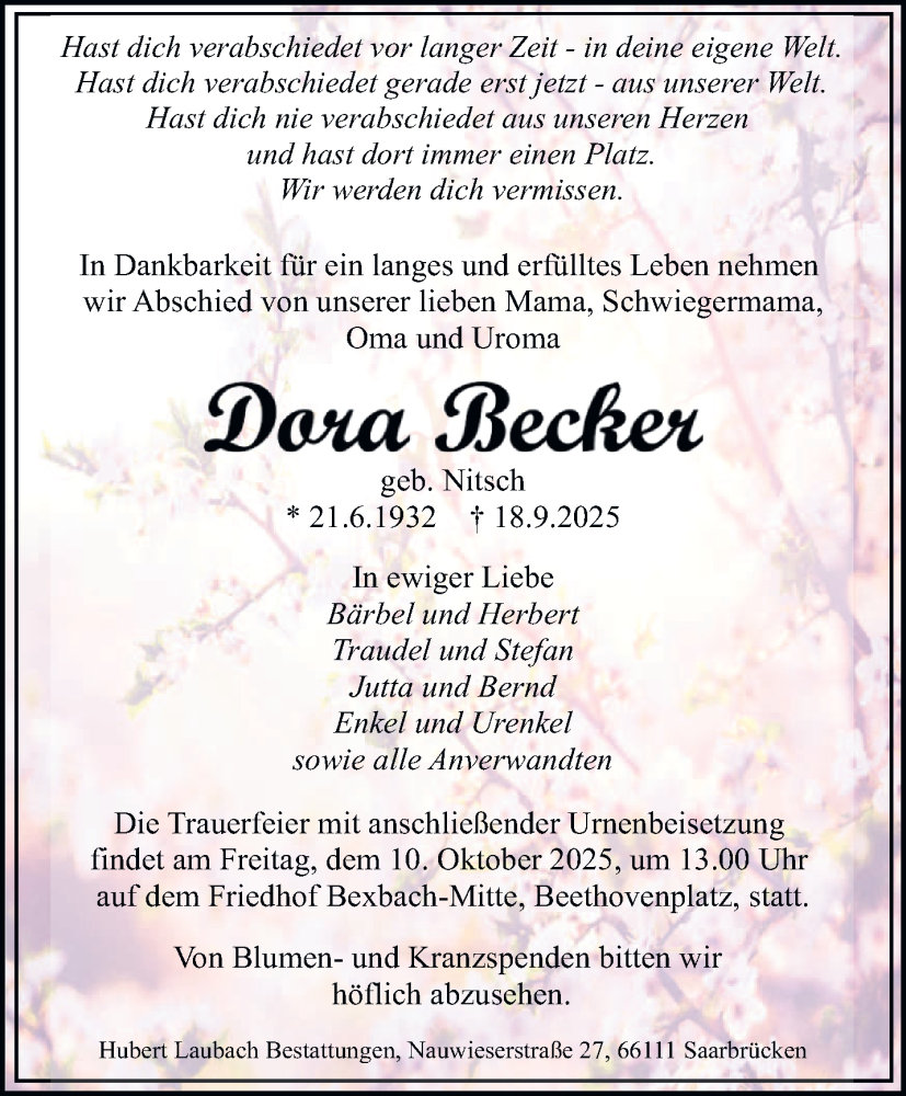  Traueranzeige für Dora Becker vom 04.10.2025 aus saarbruecker_zeitung