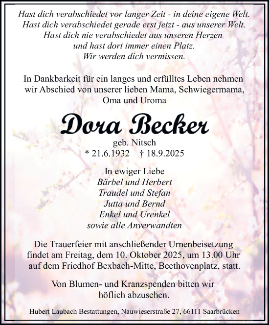 Traueranzeige von Dora Becker von saarbruecker_zeitung