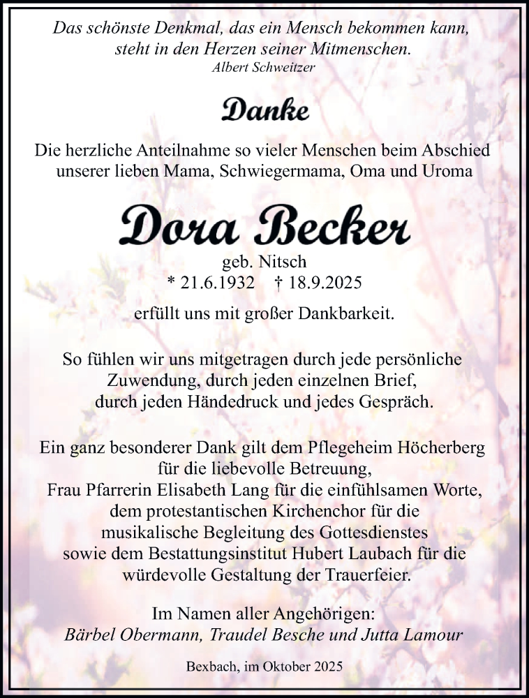  Traueranzeige für Dora Becker vom 25.10.2025 aus saarbruecker_zeitung