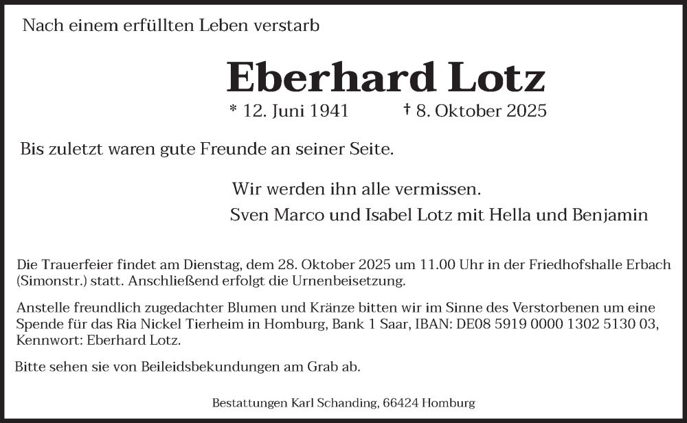  Traueranzeige für Eberhard Lotz vom 18.10.2025 aus saarbruecker_zeitung