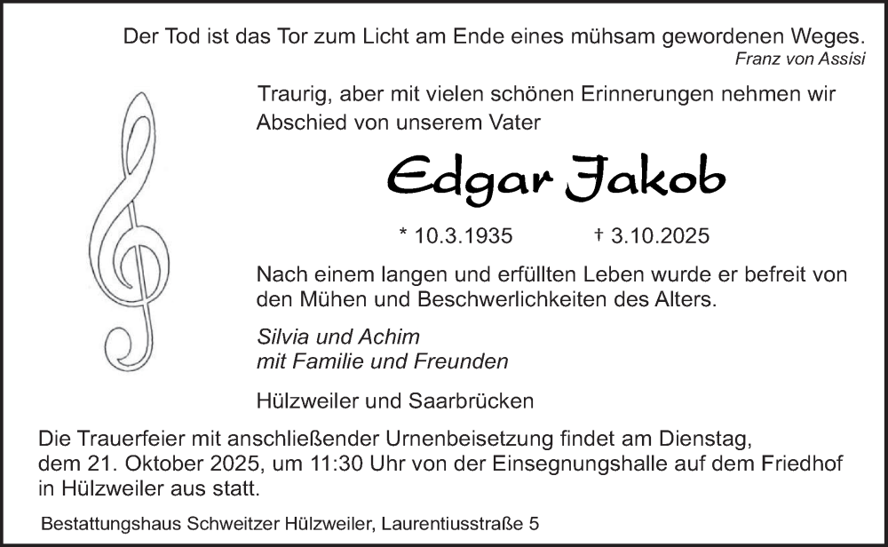  Traueranzeige für Edgar Jakob vom 11.10.2025 aus saarbruecker_zeitung