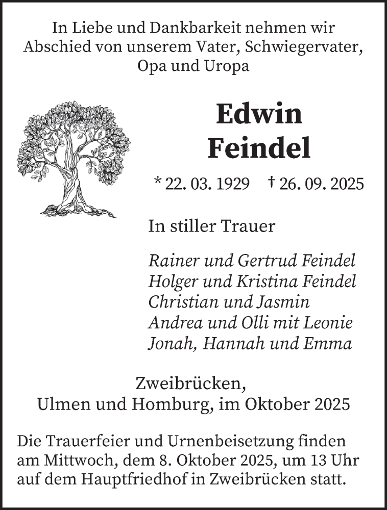  Traueranzeige für Edwin Feindel vom 04.10.2025 aus saarbruecker_zeitung