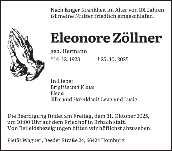 Traueranzeige von Eleonore Zöllner von saarbruecker_zeitung