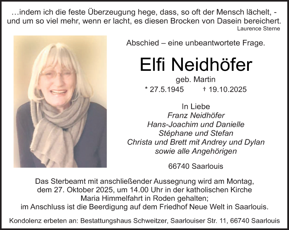  Traueranzeige für Elfi Neidhöfer vom 22.10.2025 aus saarbruecker_zeitung