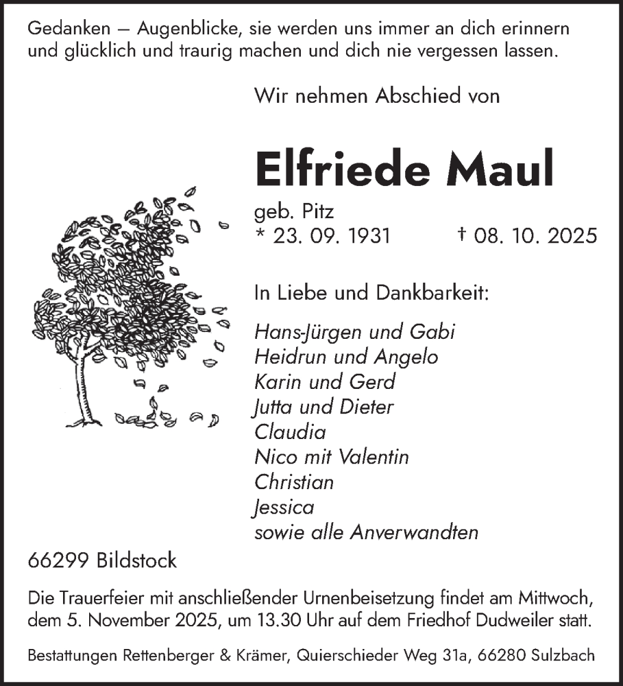  Traueranzeige für Elfriede Maul vom 25.10.2025 aus saarbruecker_zeitung
