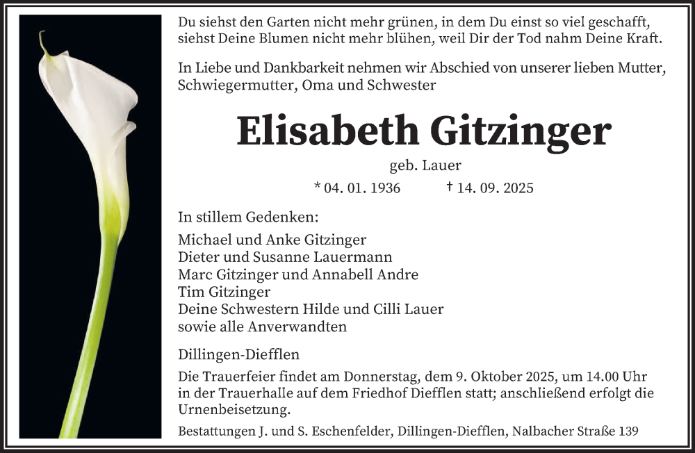  Traueranzeige für Elisabeth Gitzinger vom 04.10.2025 aus saarbruecker_zeitung