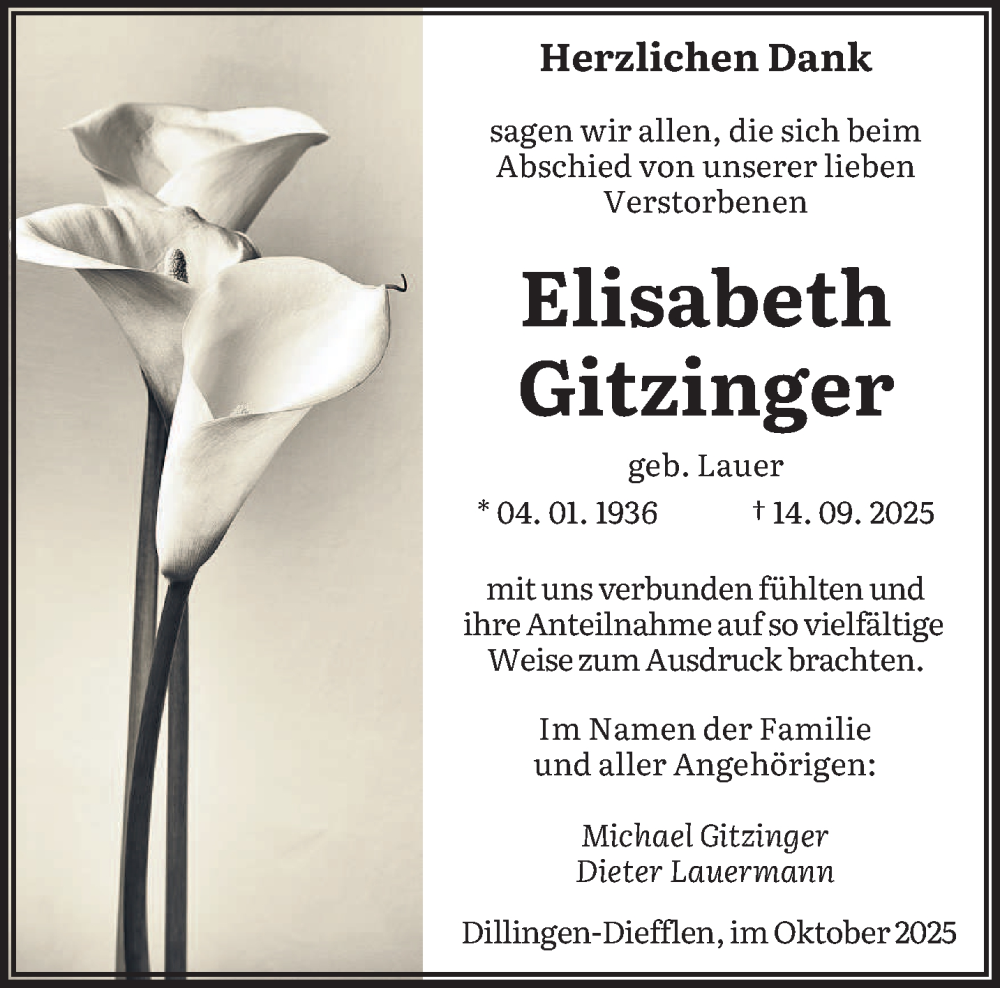 Traueranzeige für Elisabeth Gitzinger vom 25.10.2025 aus saarbruecker_zeitung
