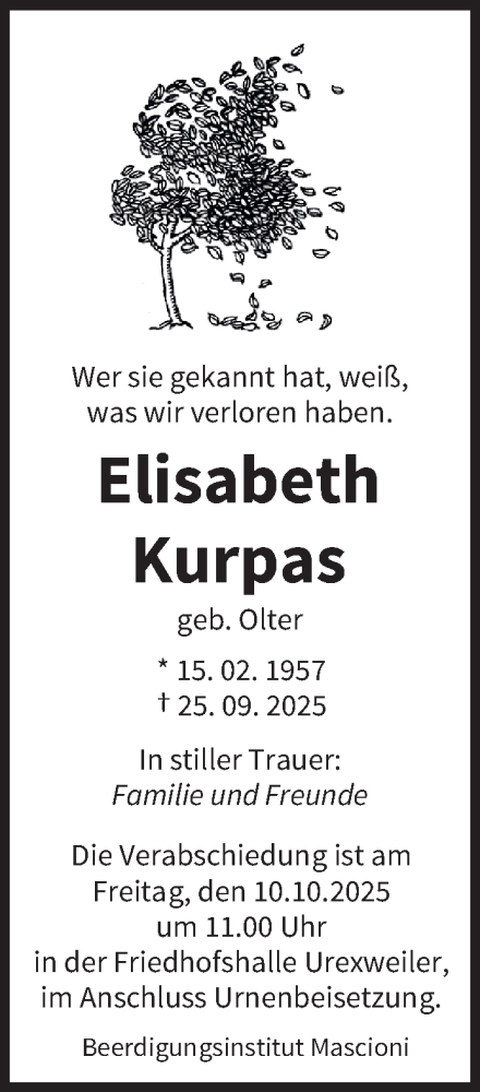  Traueranzeige für Elisabeth Kurpas vom 04.10.2025 aus saarbruecker_zeitung
