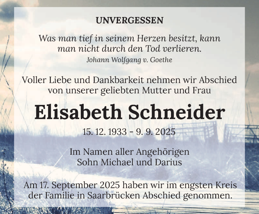  Traueranzeige für Elisabeth Schneider vom 04.10.2025 aus saarbruecker_zeitung