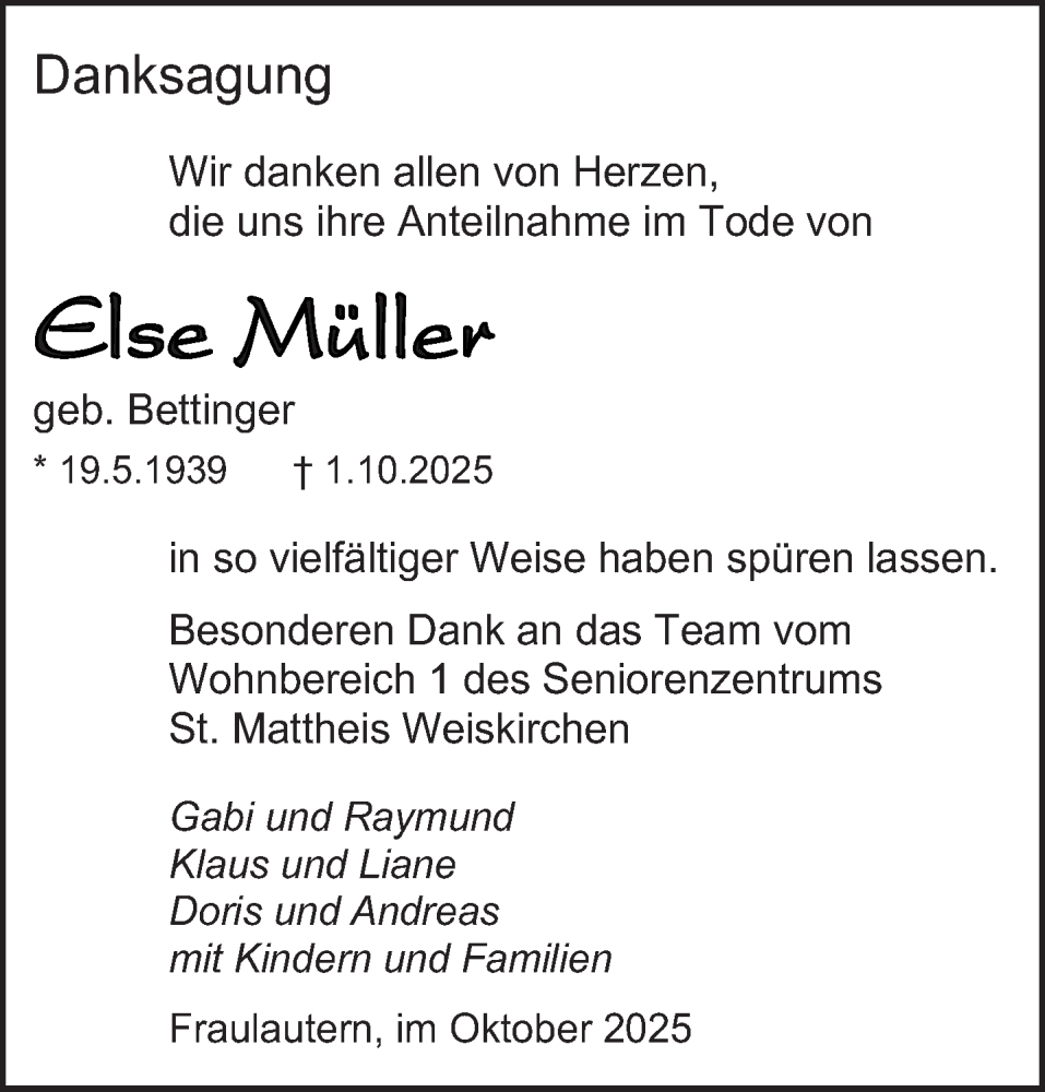  Traueranzeige für Else Müller vom 25.10.2025 aus saarbruecker_zeitung