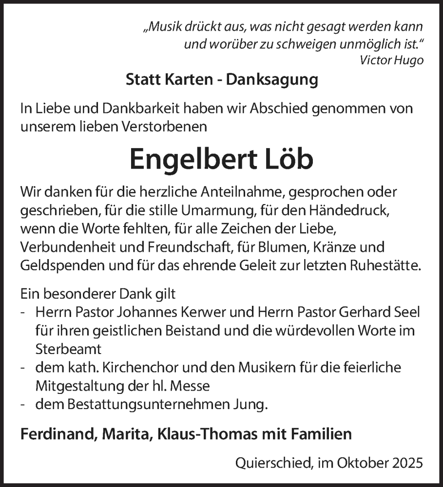  Traueranzeige für Engelbert Löb vom 25.10.2025 aus saarbruecker_zeitung