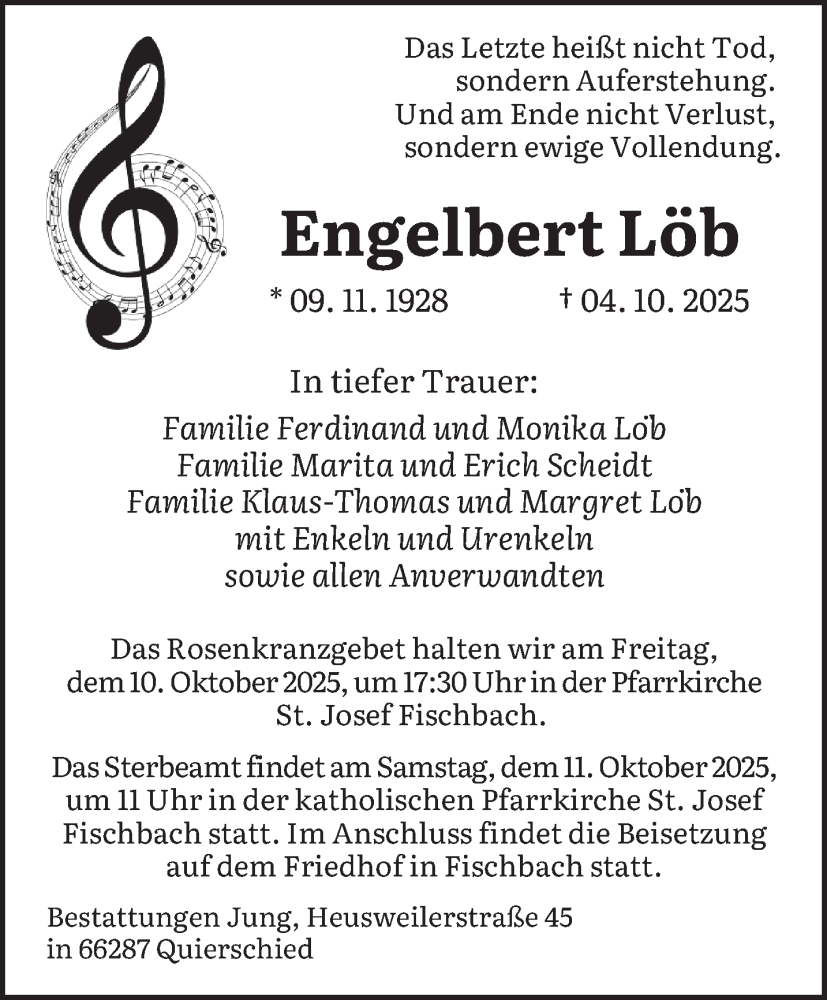  Traueranzeige für Engelbert Löb vom 08.10.2025 aus saarbruecker_zeitung