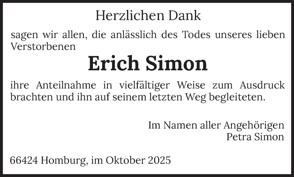  Traueranzeige für Erich Simon vom 23.10.2025 aus saarbruecker_zeitung