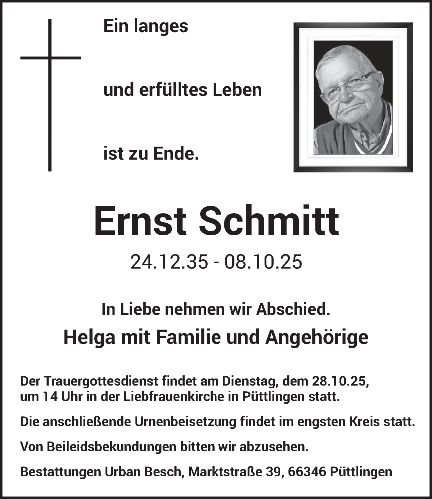  Traueranzeige für Ernst Schmitt vom 25.10.2025 aus saarbruecker_zeitung
