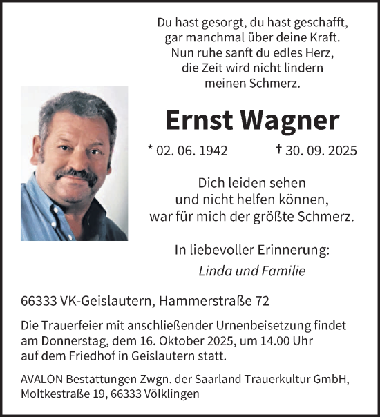 Traueranzeige von Ernst Wagner von saarbruecker_zeitung