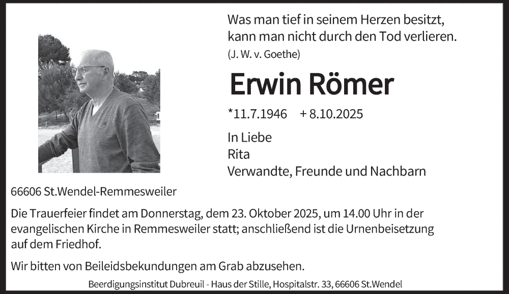  Traueranzeige für Erwin Römer vom 18.10.2025 aus saarbruecker_zeitung