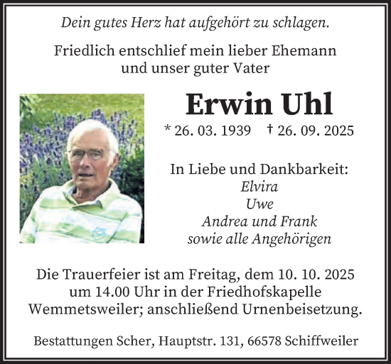 Traueranzeige von Erwin Uhl von saarbruecker_zeitung