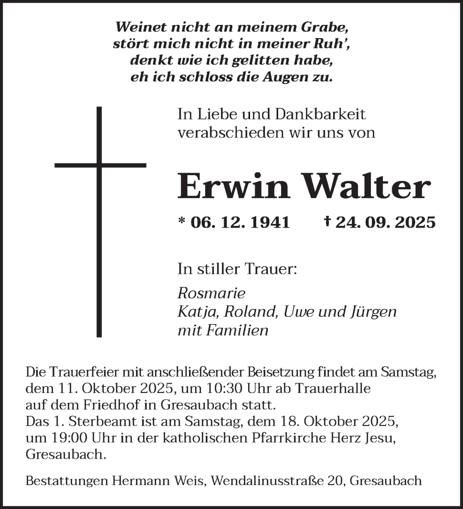  Traueranzeige für Erwin Walter vom 04.10.2025 aus saarbruecker_zeitung