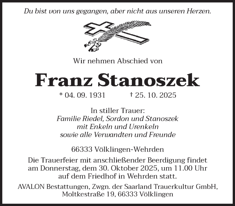  Traueranzeige für Franz Stanoszek vom 29.10.2025 aus saarbruecker_zeitung