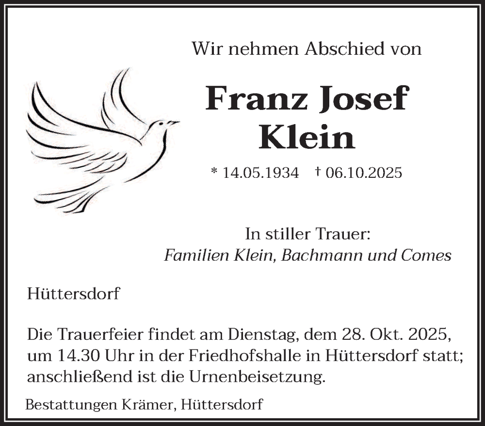  Traueranzeige für Franz Josef Klein vom 25.10.2025 aus saarbruecker_zeitung