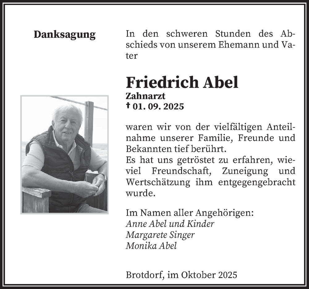  Traueranzeige für Friedrich Abel vom 11.10.2025 aus saarbruecker_zeitung