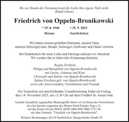 Traueranzeige von Friedrich von Oppeln-Bronikowski von saarbruecker_zeitung