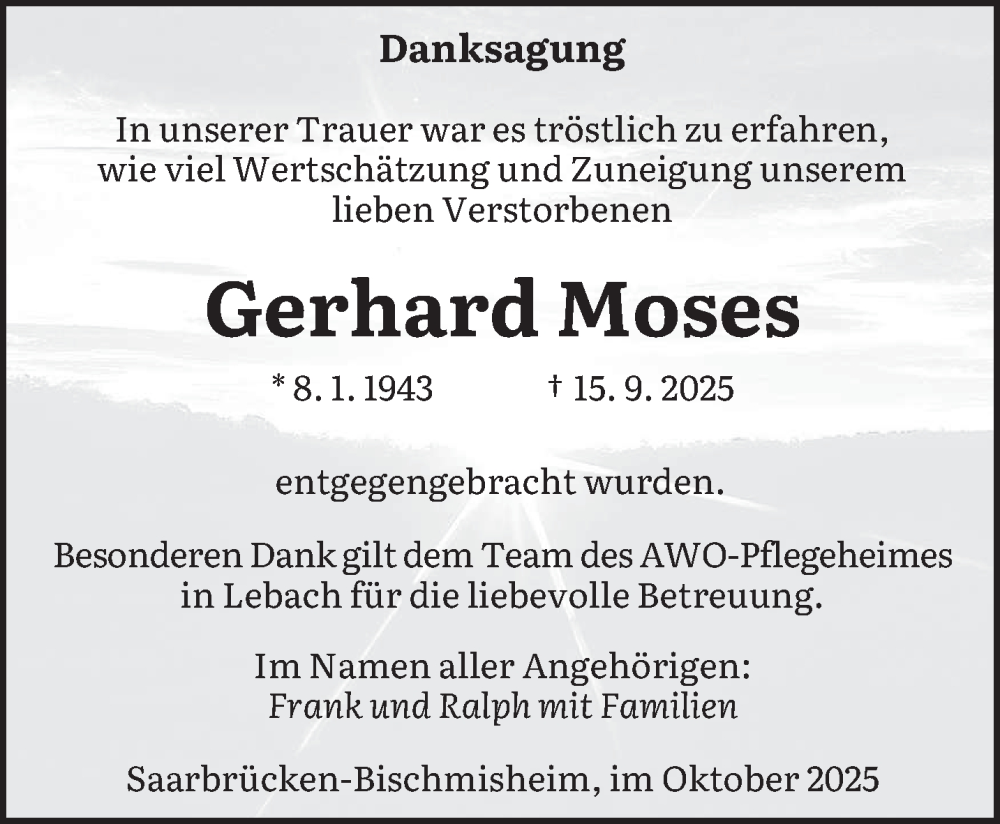  Traueranzeige für Gerhard Moses vom 18.10.2025 aus saarbruecker_zeitung