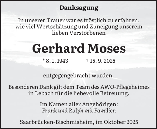 Traueranzeige von Gerhard Moses von saarbruecker_zeitung
