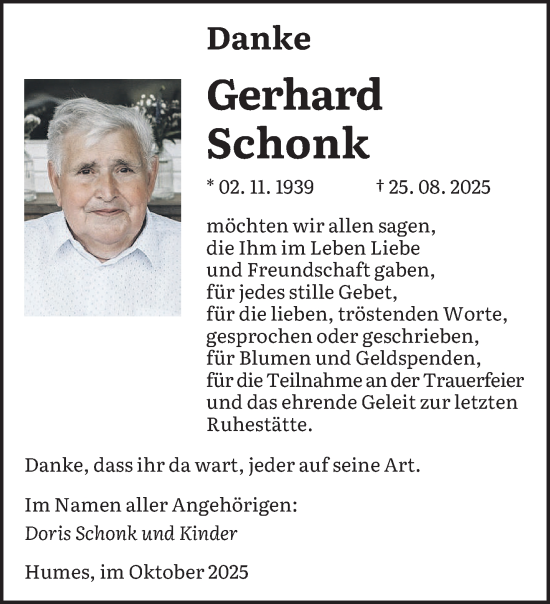 Traueranzeige von Gerhard Schonk von saarbruecker_zeitung