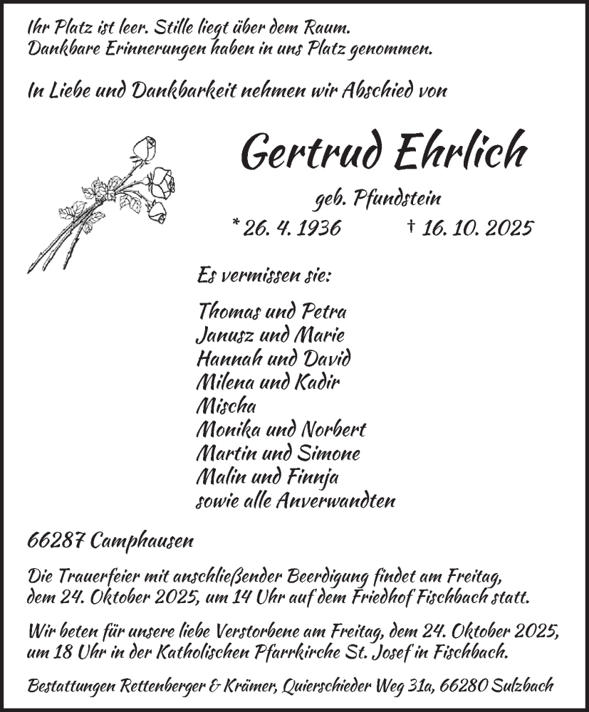  Traueranzeige für Gertrud Ehrlich vom 22.10.2025 aus saarbruecker_zeitung