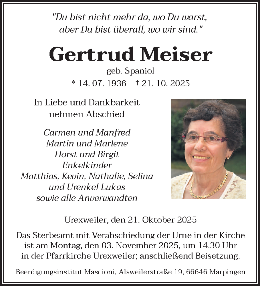  Traueranzeige für Gertrud Meiser vom 25.10.2025 aus saarbruecker_zeitung