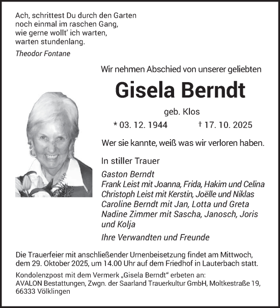 Traueranzeige von Gisela Berndt von saarbruecker_zeitung