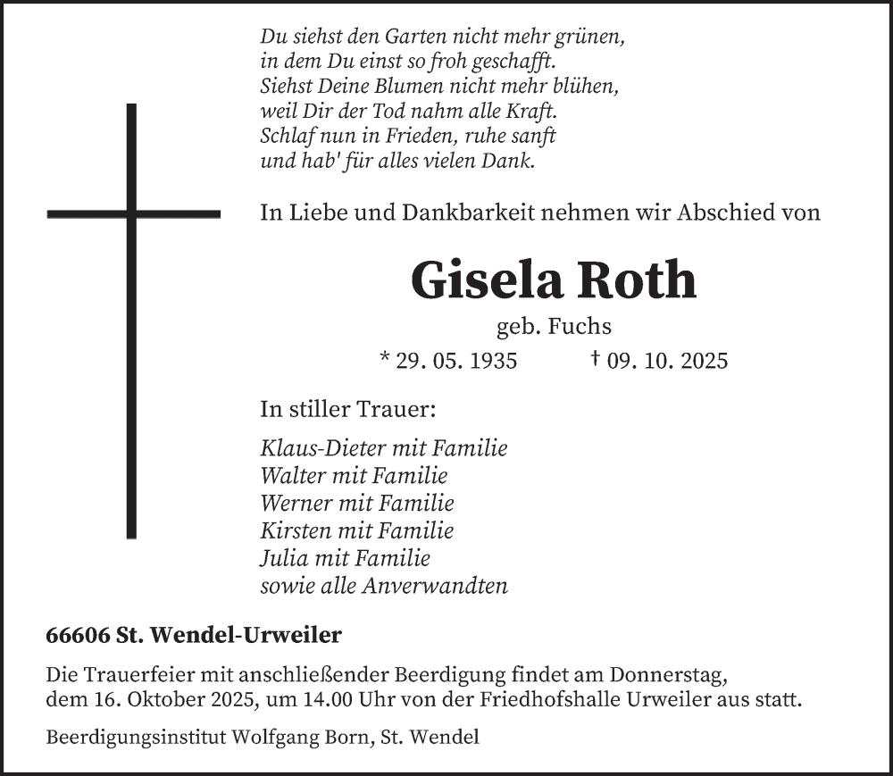  Traueranzeige für Gisela Roth vom 14.10.2025 aus saarbruecker_zeitung