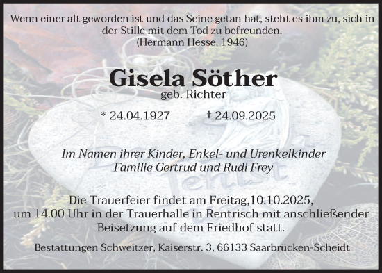 Traueranzeige von Gisela Söther von saarbruecker_zeitung