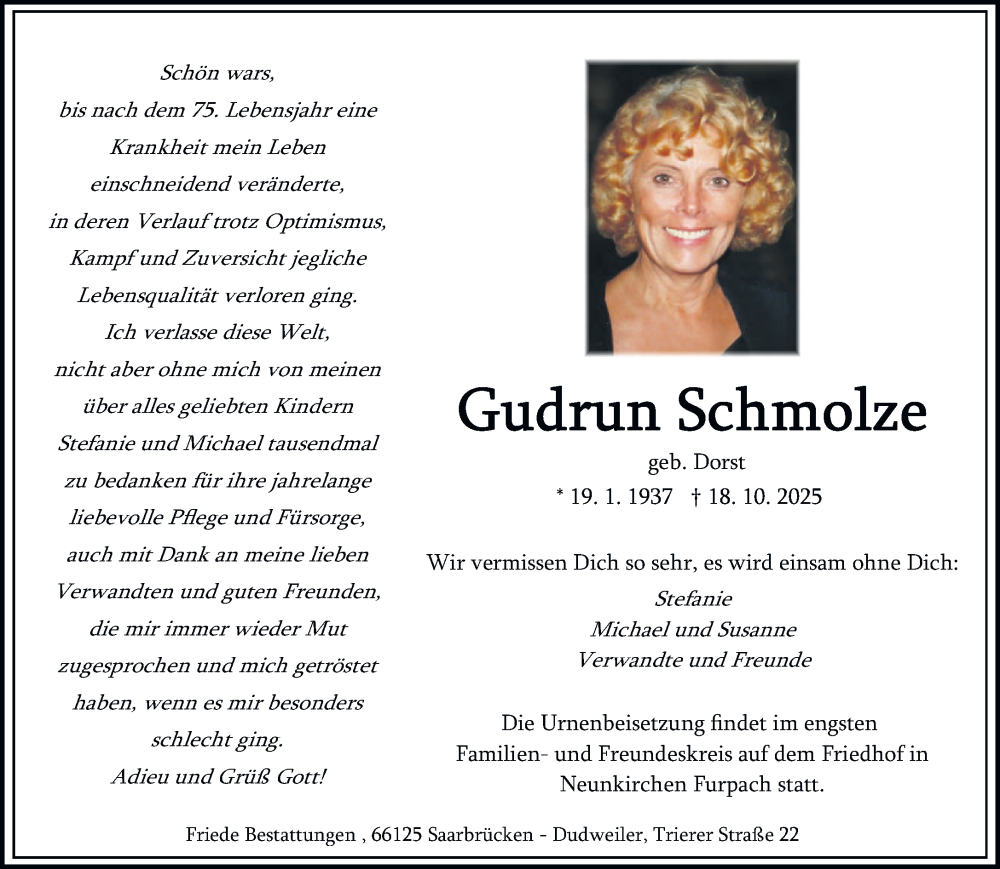  Traueranzeige für Gudrun Schmolze vom 25.10.2025 aus saarbruecker_zeitung