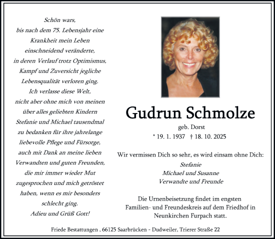 Traueranzeige von Gudrun Schmolze von saarbruecker_zeitung