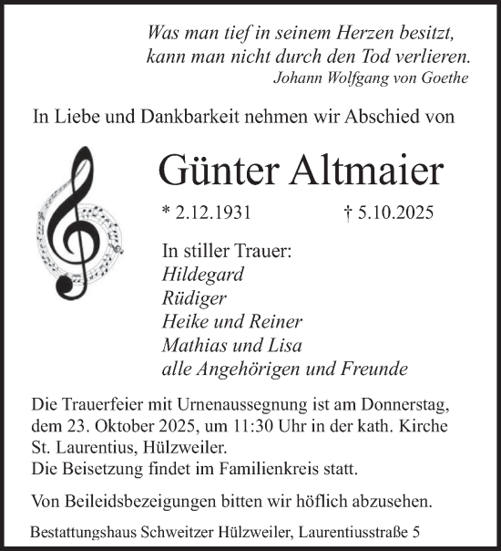 Traueranzeige von Günter Altmaier von saarbruecker_zeitung