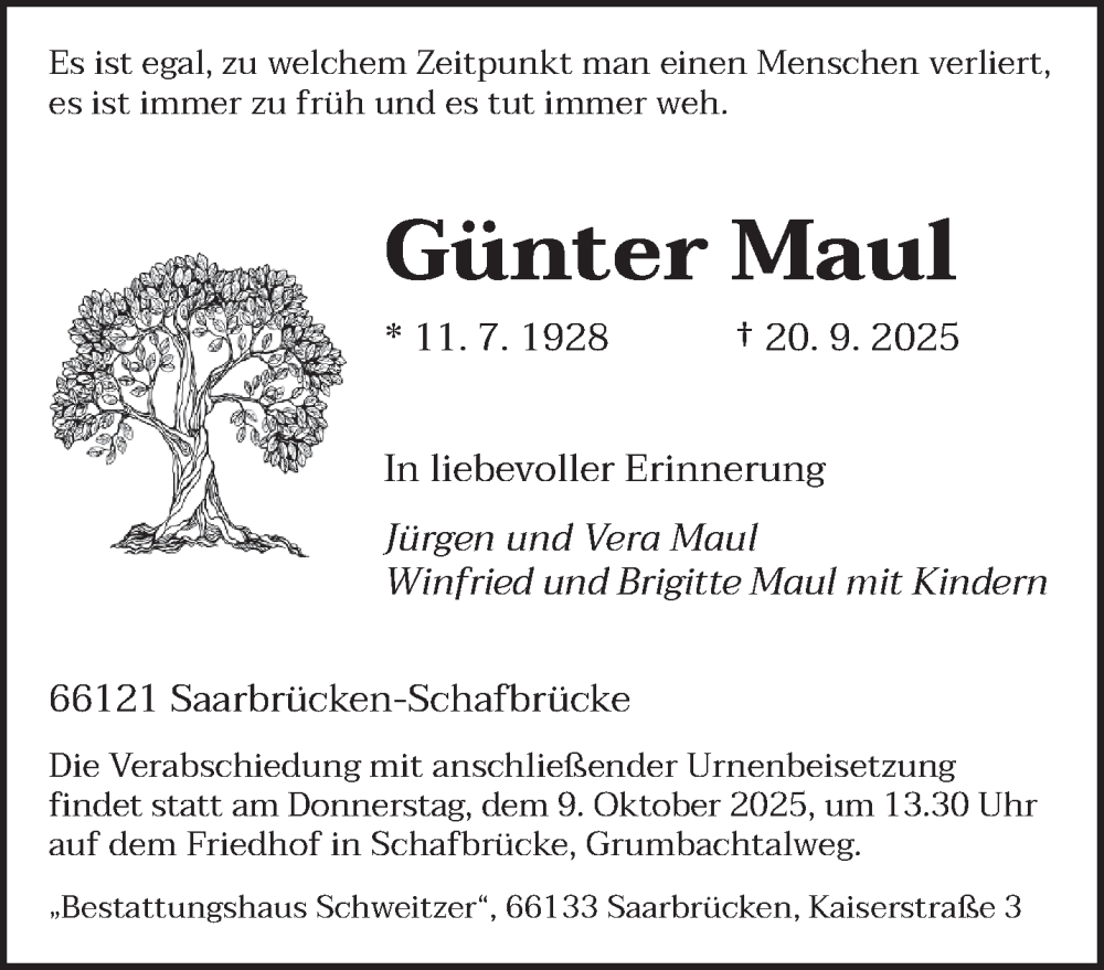  Traueranzeige für Günter Maul vom 04.10.2025 aus saarbruecker_zeitung