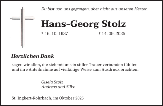 Traueranzeige von Hans-Georg Stolz von saarbruecker_zeitung