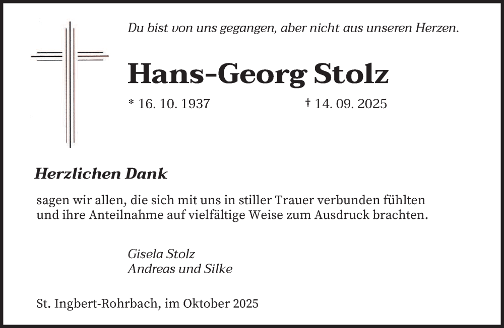  Traueranzeige für Hans-Georg Stolz vom 11.10.2025 aus saarbruecker_zeitung