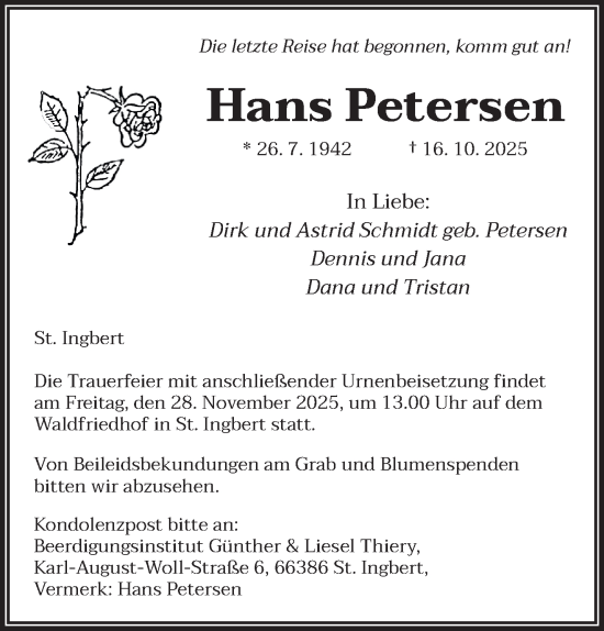 Traueranzeige von Hans Petersen von saarbruecker_zeitung