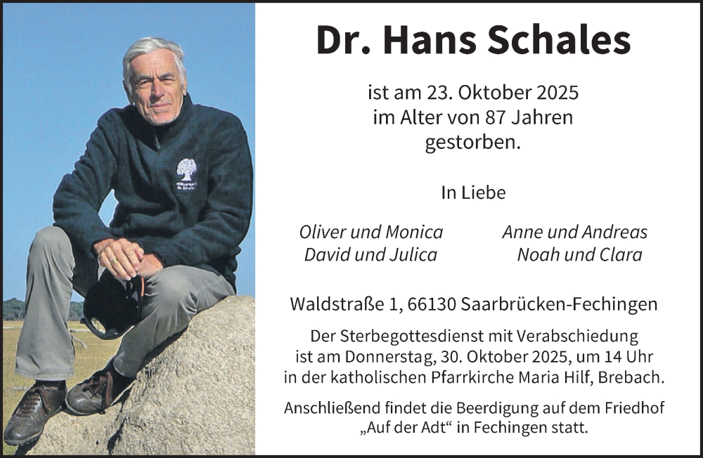  Traueranzeige für Hans Schales vom 25.10.2025 aus saarbruecker_zeitung
