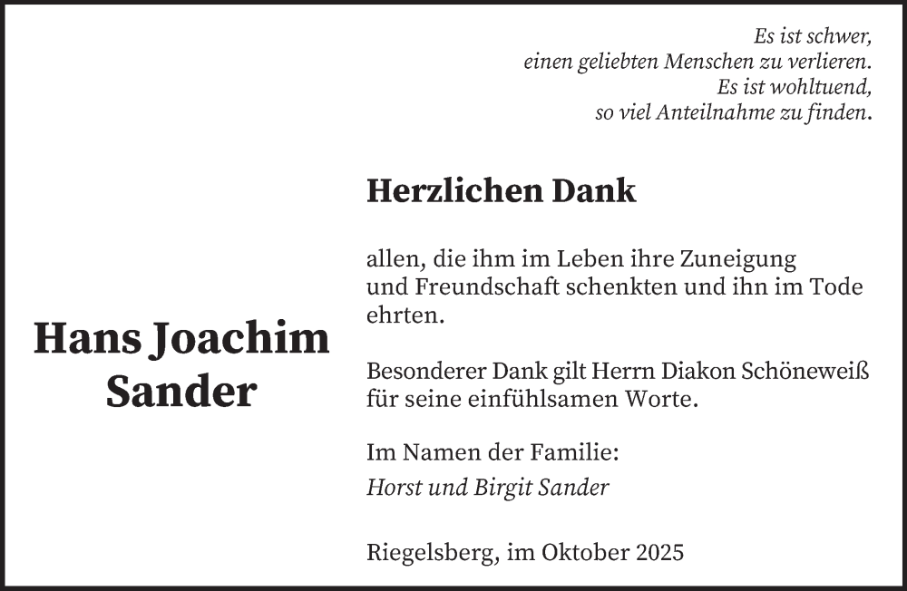  Traueranzeige für Hans Joachim Sander vom 11.10.2025 aus saarbruecker_zeitung