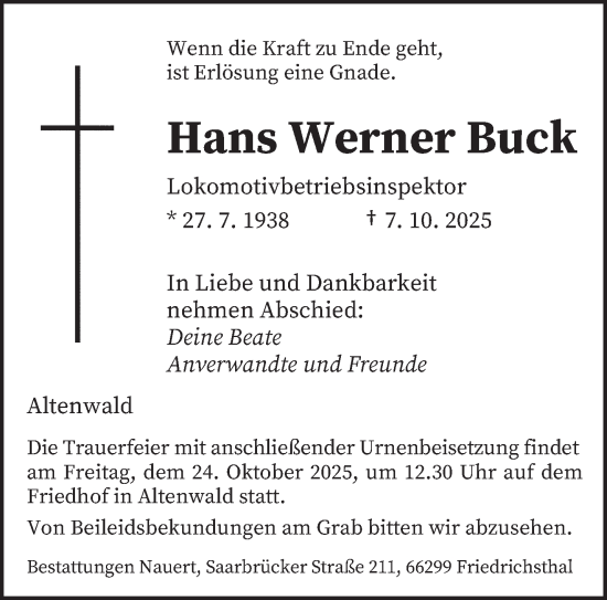 Traueranzeige von Hans Werner Buck von saarbruecker_zeitung