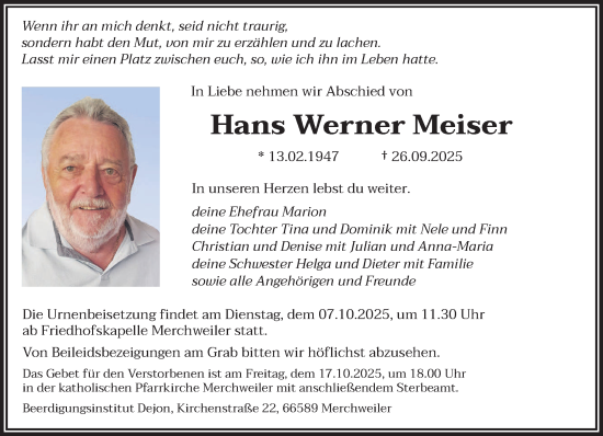 Traueranzeige von Hans Werner Meiser von saarbruecker_zeitung