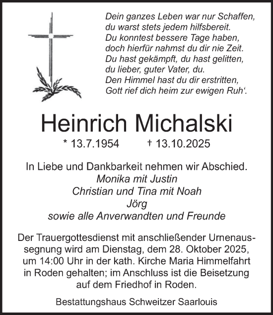 Traueranzeige von Heinrich Michalski von saarbruecker_zeitung